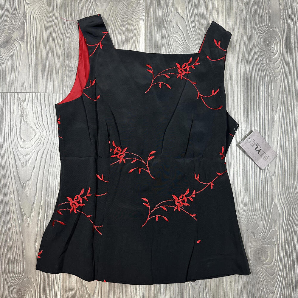 Vintage‎ Deadstock YL by Yair Black and Red Floral Embroidered Sleeveless Top
